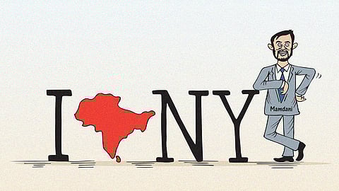 Cartoon of Zohran Mamdani leaning on an I heart New York sign, with the heart replaced by an outline of Southasia as he may be the first Southasian Muslim mayor of New York