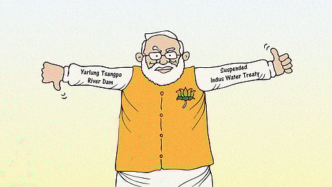 Cartoon of Narendra Modi giving a thumbs up to suspended Indus Water Treaty and thumbs down to China's Yarlung Tsangpo river dam