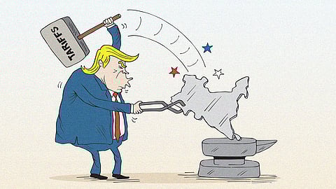 Cartoon showing Donald Trump with an anvil hammering Southasia with tariffs - ahead of the imposition of the Trump tariffs