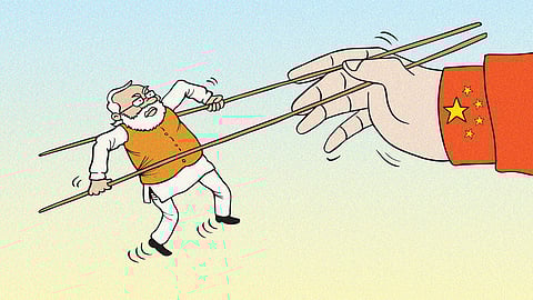 Cartoon of Modi held aloft by chopsticks, by an arm with a Chinese flag on the sleeve, showing China has power in India-China relations after the US Trump tariffs