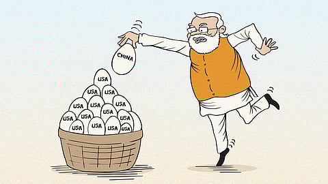 Narendra Modi putting an egg marked China into a basket of eggs marked USA, to illustrate the 50 percent Trump tariff on India and how India prioritised India US relations instead of building relations with other countries