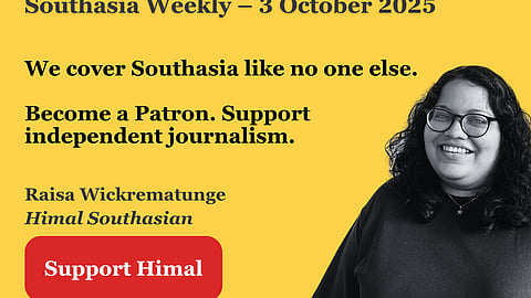 Photo of a woman on a yellow background. Text reads "Southasia Weekly - 3 October 2025. We cover Southasia like no one else. Become a Patron. Support independent journalism. 