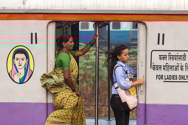 Women travelling in a ladies-only carriage on a Mumbai local train
