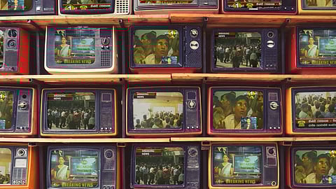 An illustration of TV screens stacked one on top of the other on wooden shelves. The screens are playing stills from Sri Lanka's former labour minister Mervyn Silva when he forcibly entered the state-owned Sri Lanka Rupavahini Corporation and assaulted the news director. Pictured is the angry crowd outside the offices, Mervyn Silva trying to pacify angry Rupavahini staffers and screengrabs of the news coverage. 