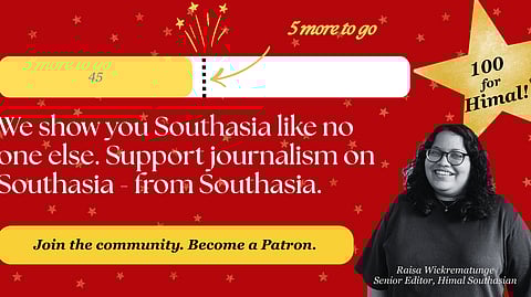 Woman on a red background with gold stars. Text says We show you Southasia like no one else. Support journalism on Southasia - from Southasia. 
