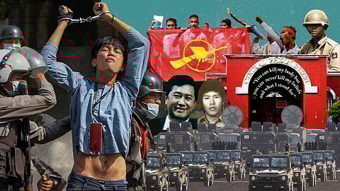 Graphic of prisoners, military, and prominent political prisoners in Myanmar and a photo of Insein prison, for a story on political prisoners in Myanmar during the 2025-2026 general election won by USDP