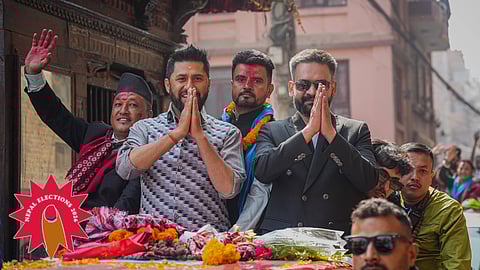 Balendra Shah (right) and Rabi Lamicchane (second from left) of the Rashtriya Swatantra Party campaign for Nepal’s 2026 election. The RSP is poised to dominate Nepal’s new parliament, with voters roundly rejecting the country’s establishment parties.