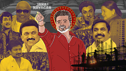 A collage centred on an illustrated Vijay in a red shirt, smiling and raising his hand in greeting, framed by a circular halo of his party logo. Around him are yellow-tinted portraits of prominent Tamil Nadu political figures. In the background, there's a large seated crowd and a faint cinema hall. The title “Jana Nayagan” appears near the top. In the foreground, there's a silhouetted scaffolding.