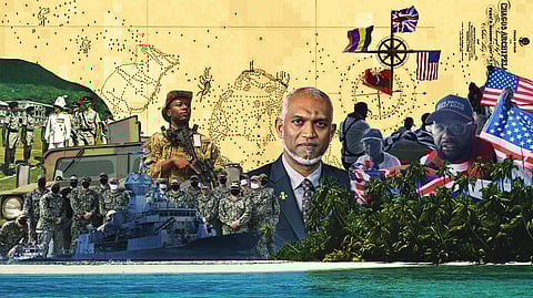 Image of an old map of Chagos islands superimposed with Chagossians returning home, Maldivian president Mohamed Muizzu, the Seychelles governor responsible for displacing Chagossians and military installations on Diego Garcia.  