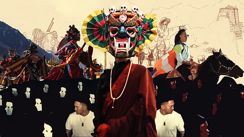 Music and film are taking over the cultural position once held in Tibet by folktales, where the trickster Uncle Tonpa (centre) is a beloved and enduring figure. But the trickster of tradition has not disappeared – he has put on headphones.