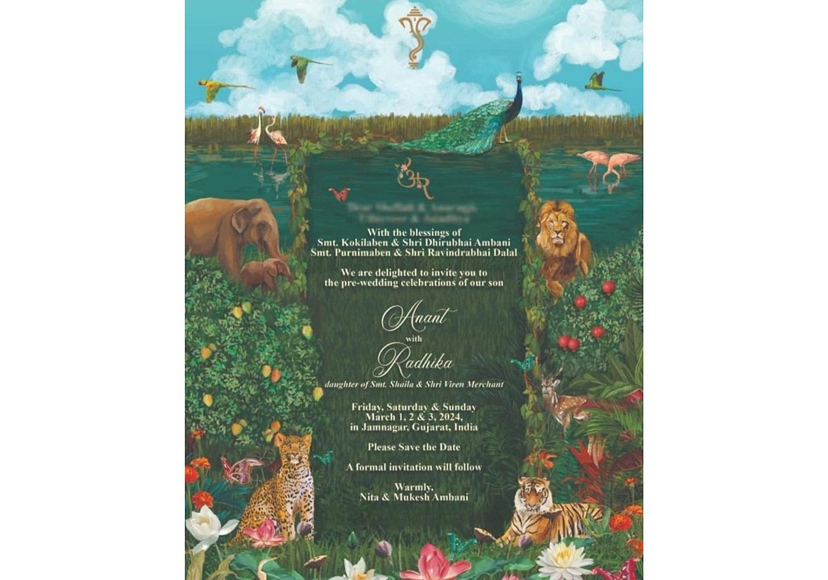 The save-the-date card for the pre-wedding celebration of Anant Ambani and Radhika Merchant.