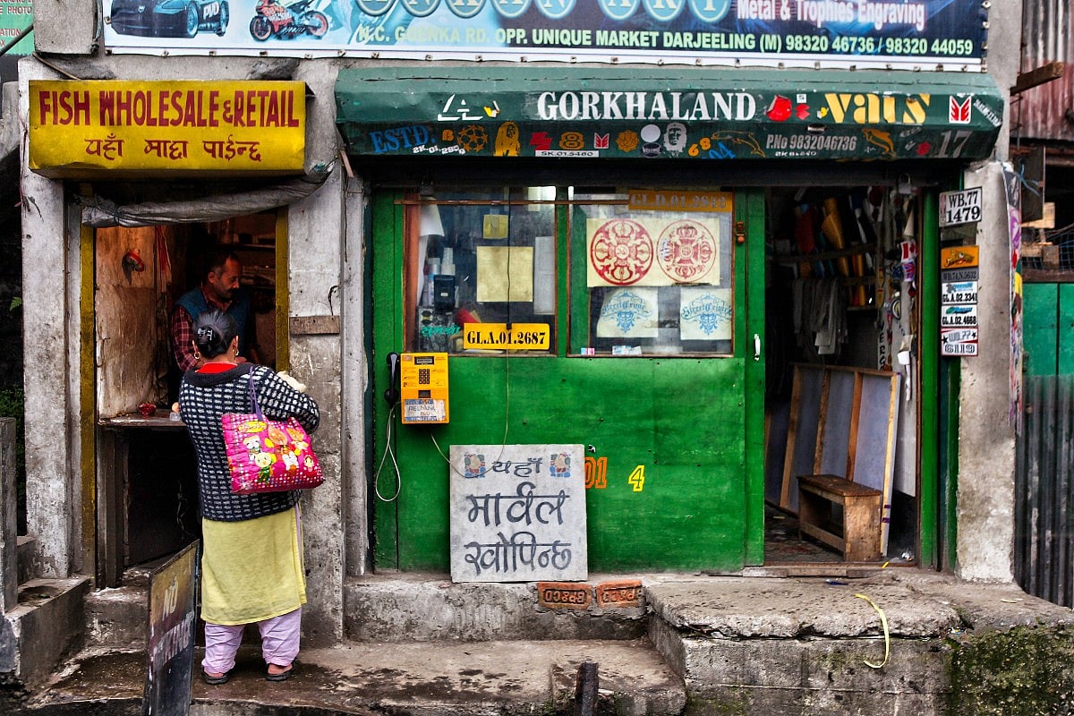 Shop signage with “Gorkhaland” in Kurseong, in the hills of Darjeeling. 