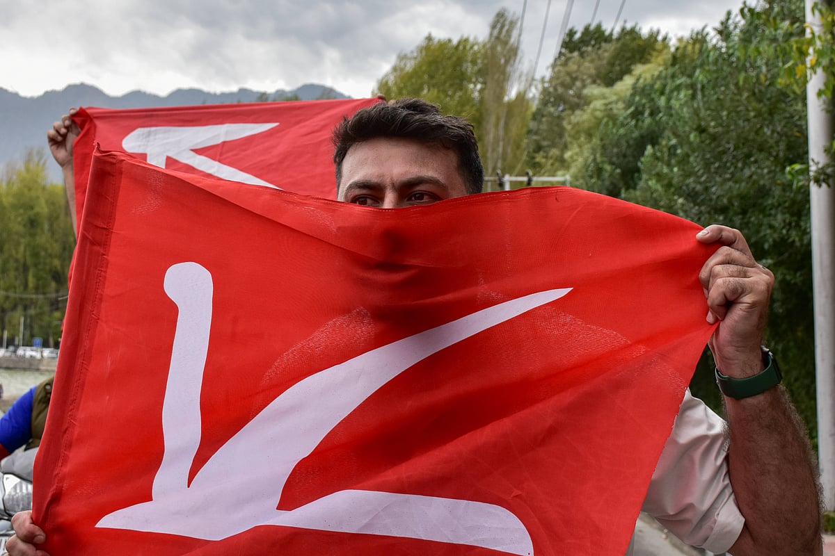 A supporter of Jammu and Kashmir National Conference party holds a party flag during celebrations after winning the assembly 