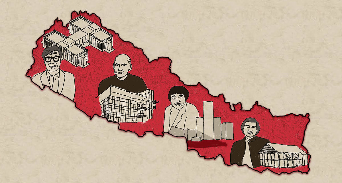 An illustrated outline map of Nepal in red against a beige background depicting four architects Louis I Kahn, Rem Koolhaas, T