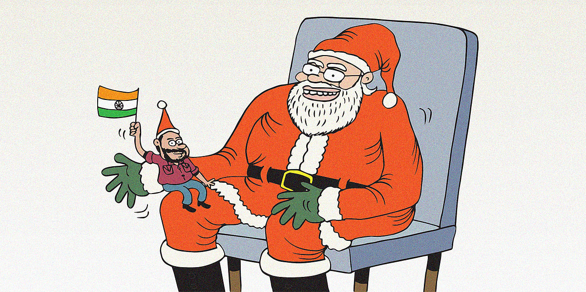 Cartoon of Anura Kumara Dissanayake as a child seated on Modi's lap. Modi is dressed as Santa.