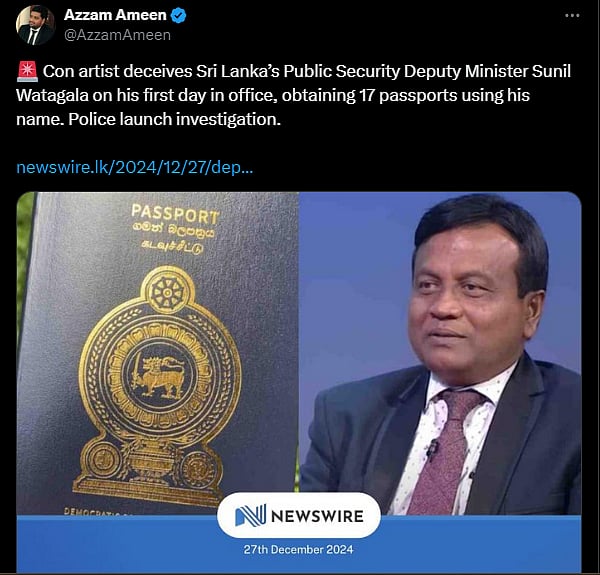 Screenshot of a tweet explaining how the Deputy Minister of Public Security got scammed by a con man who walked off with 17 passports