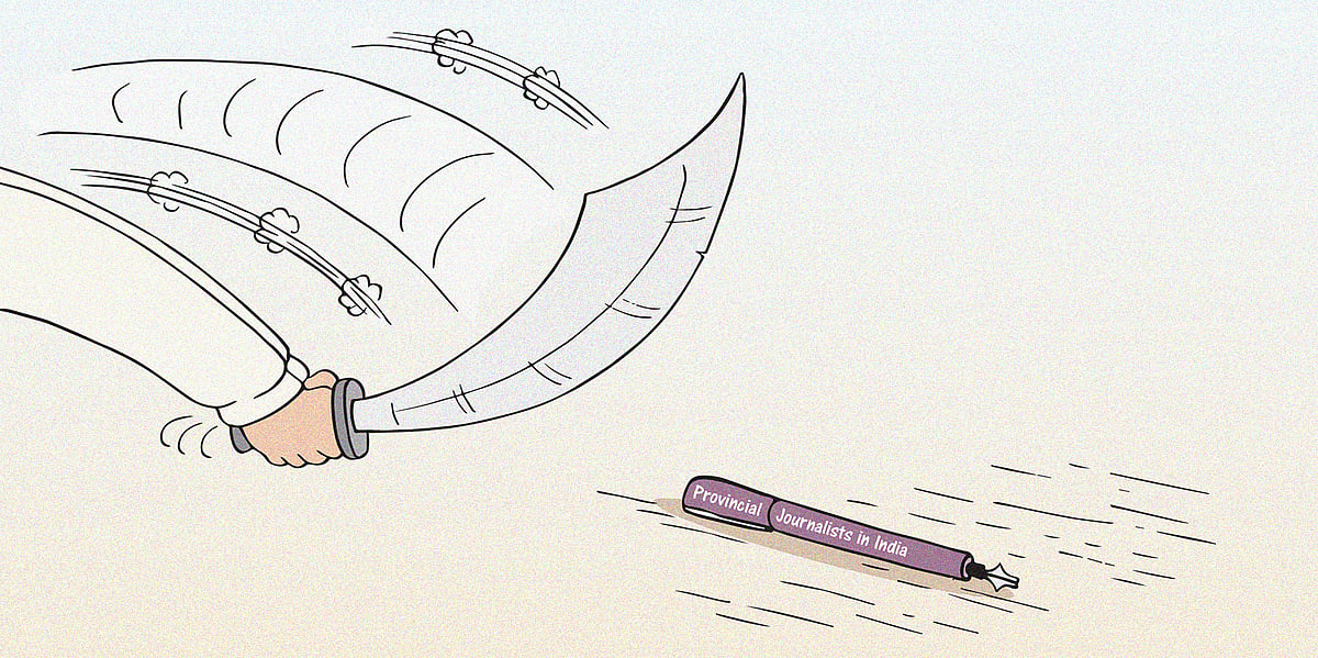Cartoon of a pair of hands holding a sword swinging towards a pen. The pen has the words 'Threats to provincial journalists in India' on it. This is referring to the killing of Mukesh Chandrakar, a freelance journalist in Chhattisgarh who reported on corruption