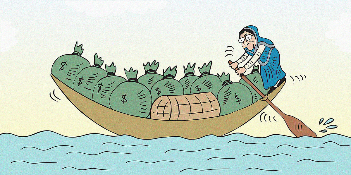 Cartoon showing Sheikh Hasina in a boat filled with bags of dollars. This cartoon is in response to the resignation of UK Eco