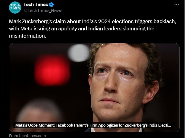 Screenshot of a tweet from a publication called Tech Times, explaining how Meta had to issue an apology after Mark Zuckerberg said India was among countries where the incumbent government lost elections after Covid-pandemic, with the BJP government threatening to summon a Meta representative to make a statement before a parliamentary panel. The tweet has a photo of Mark Zuckerberg looking concerned. 