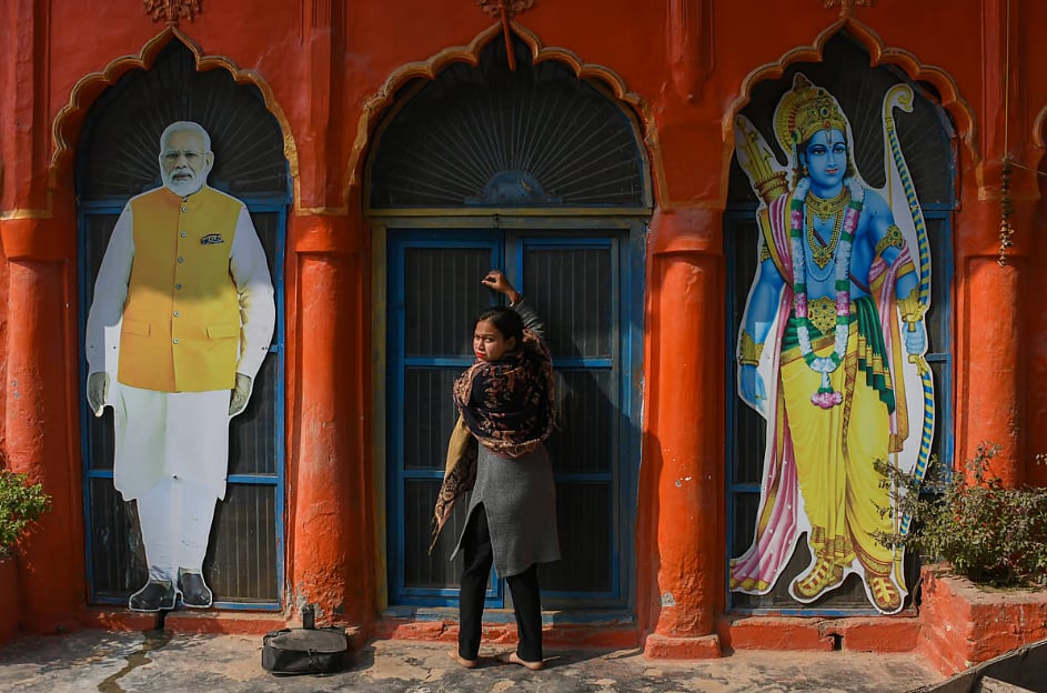 Photo showing a local temple in Ayodhya with cutouts of Ram and Narendra Modi. Modi’s inauguration of the Ram Mandir on the site of Ayodhya’s demolished Babri Masjid represented a brazen fusion of religious and political power that once felt unthinkable in an avowedly secular India. 
