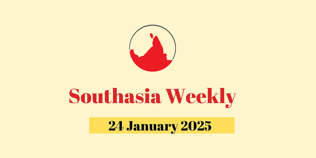 Pale yellow banner saying Southasia Weekly and the date 24 January 2025 in black text on a bright yellow background. There is a small upside down map of Southasia in red with no borders showing on top of Southasia Weekly. 