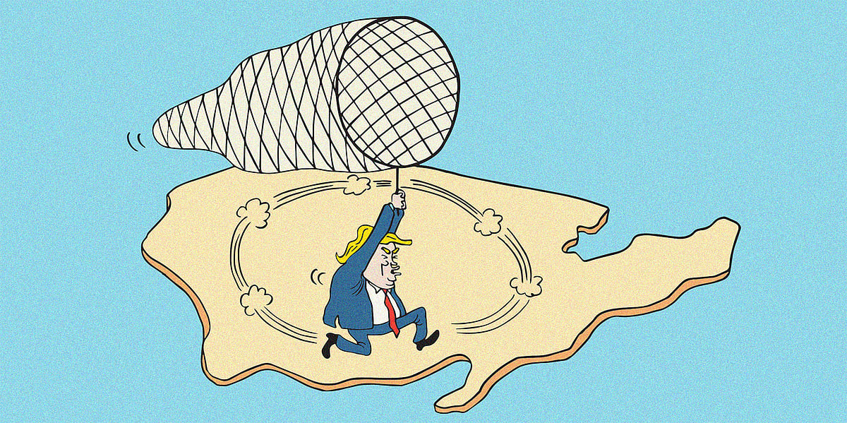 Cartoon of Donald Trump holding a net and running around a block of land. This cartoon is a response to Trump's executive ord