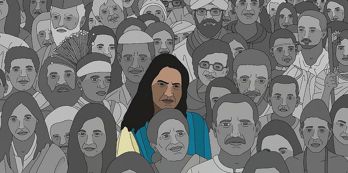 A cartoon showing a collection of people of different backgrounds and religions as can be seen from their headgear. Some are wearing tribal headdresses, others topis or turbans. There is a woman in the middle wearing a blue and white shalwar kameez. Only she is in colour - all the others around her are in grayscale. This illustration is by Siddhesh Gautam