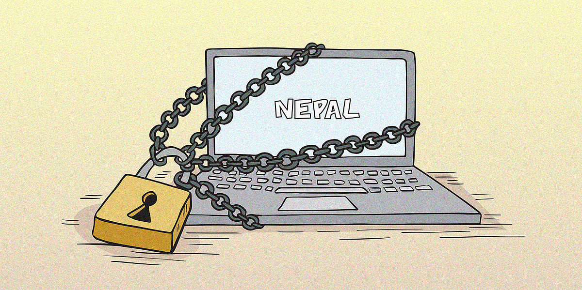 Cartoon of a laptop with a chain and padlock, with the screen saying Nepal in white letters on a blue screen. This cartoon is highlighting Nepal's digital media bill which will regulate social media and may restrict freedom of expression