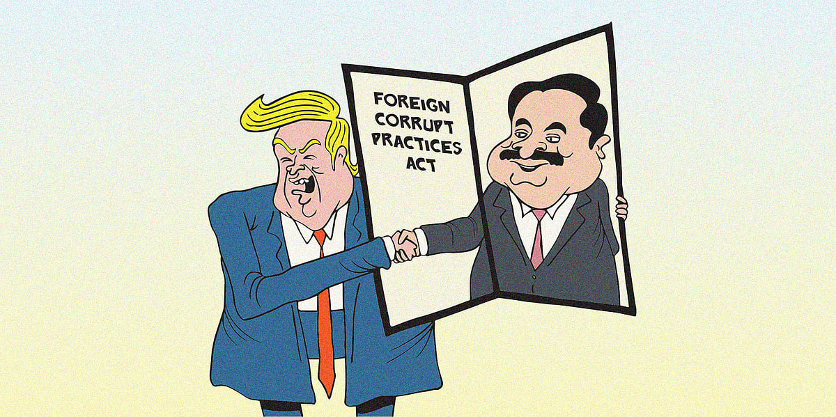 Cartoon of Donald Trump holding an open book with Gautam Adani on it. Trump and Adani are shaking hands. The book has the tit