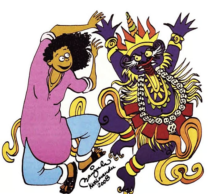 A woman dances with a colourful demon which was drawn as part of a workshop on cartooning hosted by Himal Southasian hosted in Kathmandu in 2008