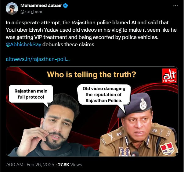 In a desperate attempt, Rajasthan police blamed AI and said Elvish Yadav used old videos to make it seem like he got a police escort. 