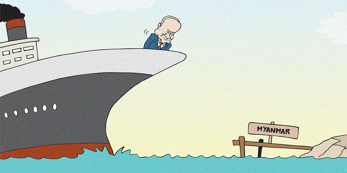 Cartoon of Vladimir Putin on a ship approaching Myanmar. This is after news that Myanmar and Russia signed an agreement for a