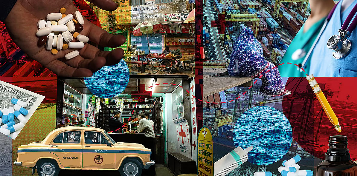 A collage of pills, pharmacies, injections and a doctors uniform, part of an investigative series on Southasian pharmaceuticals and corruption