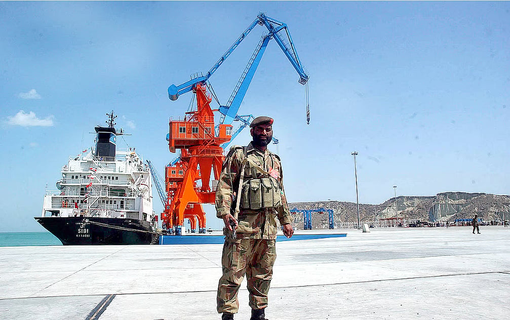 Pakistani soldier patrols the deep-sea port at Gwadar in Balochistan. Pakistan has responded to Baloch protests on rights violations with security initiatives