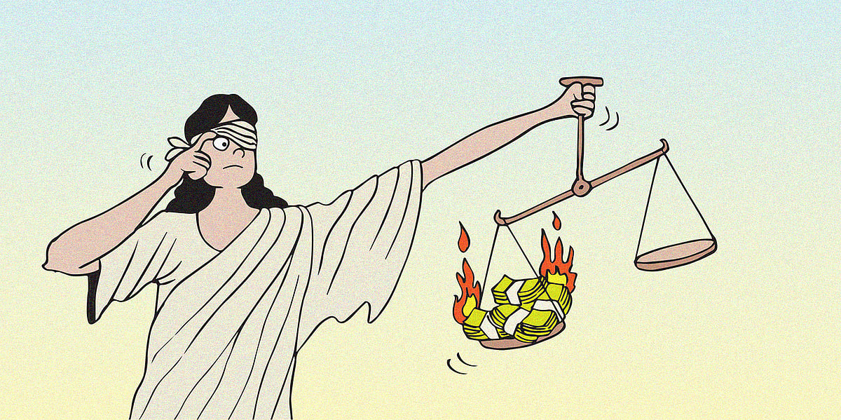 Figure of Lady Justice holding scales filled with burning cash, referring to a fire at a Delhi high court judge's house which