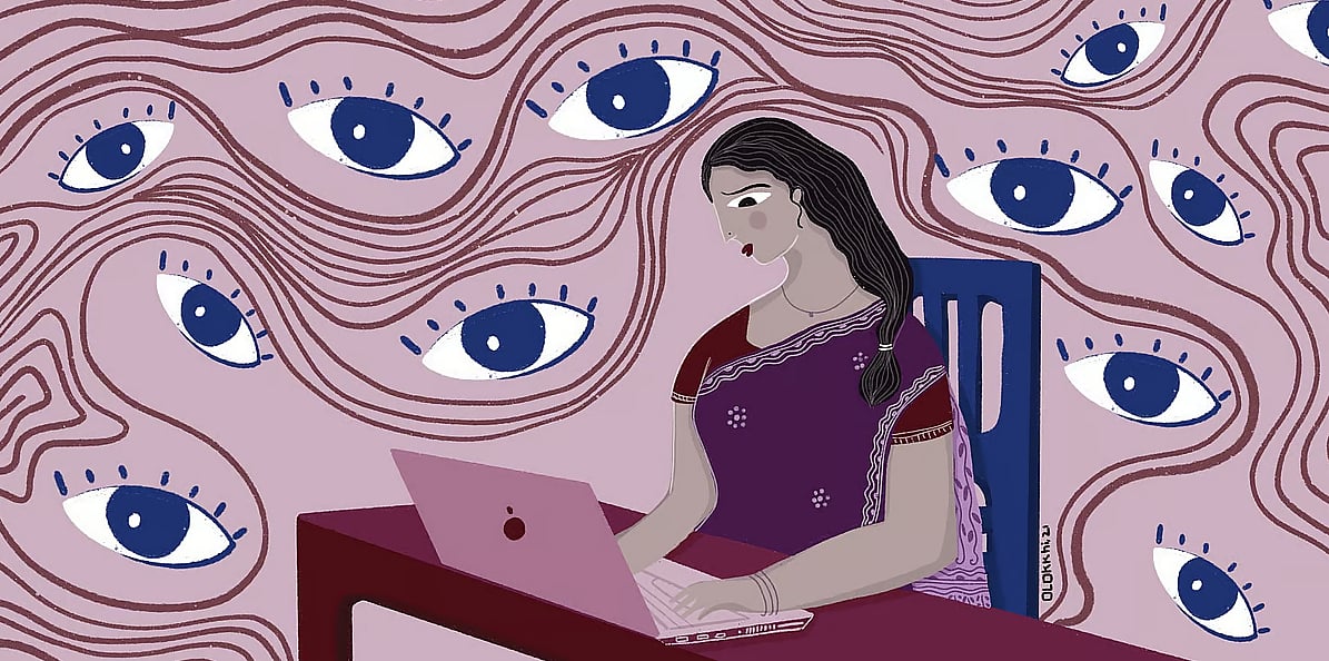 Illustration of woman sitting at a laptop with eyes surrounding her indicating surveillance for an article on how Rohingya's data is being exploited
