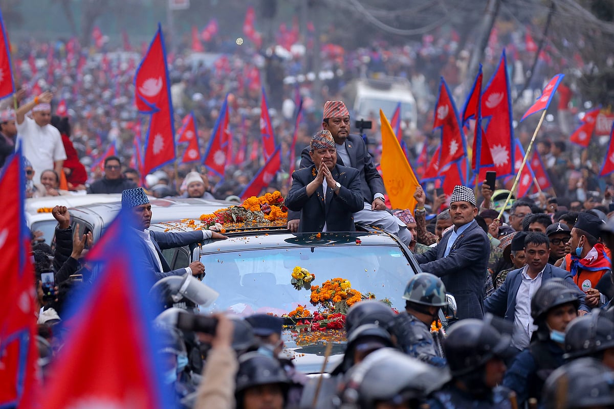 Supporters greet Nepal’s former king, Gyanendra Bir Bikram Shah, in Kathmandu in early March 2025. 
