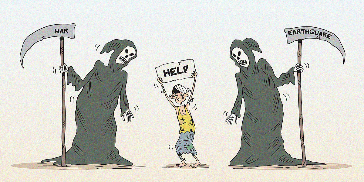 Cartoon shows impact of an earthquake that hit Myanmar, killing over 3000 people. Rescue services were hampered by damaged in