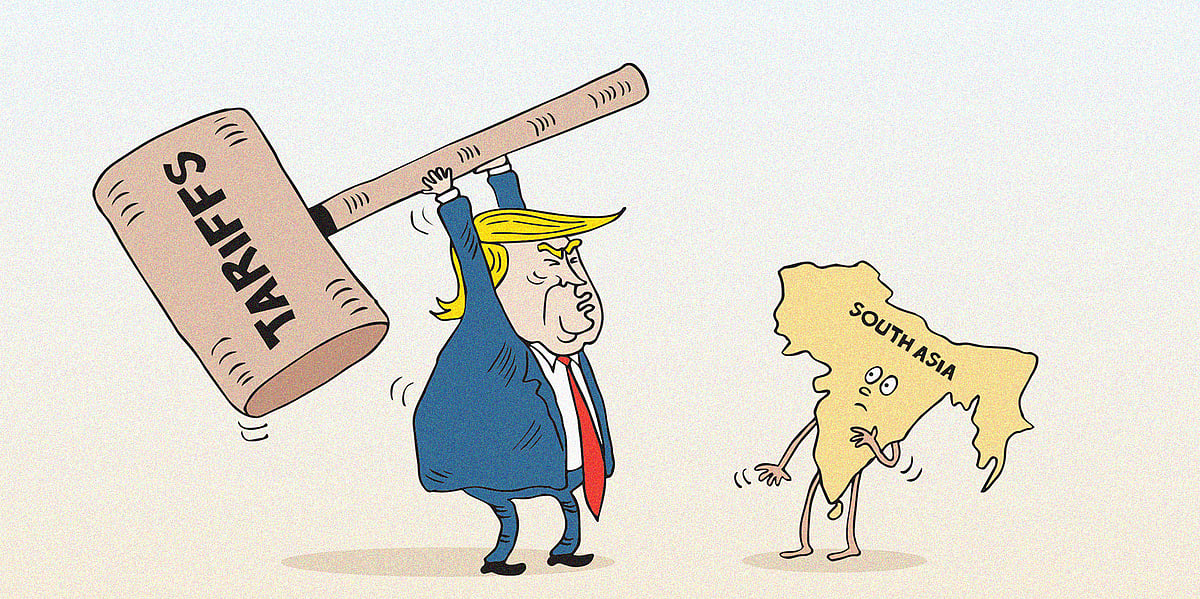 Cartoon showing Donald Trump with a hammer cracking down on Southasia in reference to the global tariffs imposed to reduce US trade deficit