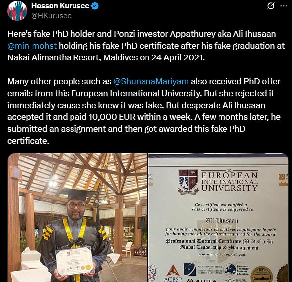 Minister of National Security for the Maldives Ali Ihusaan holding a professional doctoral certificate. This drew comment on social media as it is not a PhD certificate as implied.