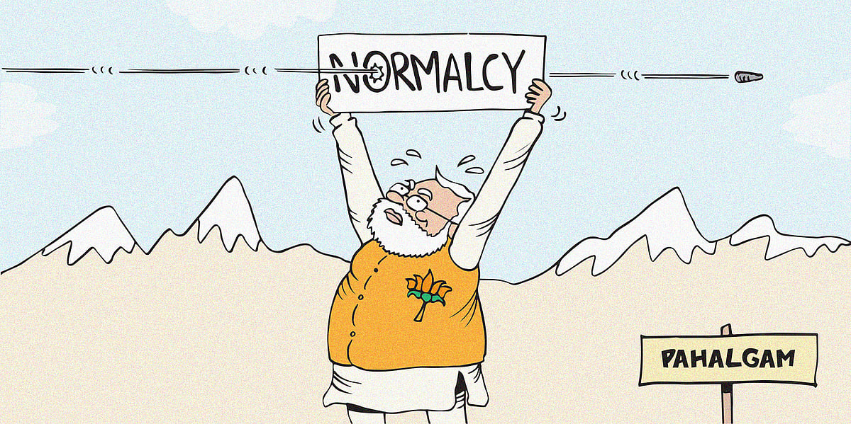 India prime minister Narendra Modi holding up a sign with the word normalcy, with a bullet piercing through it. This is after