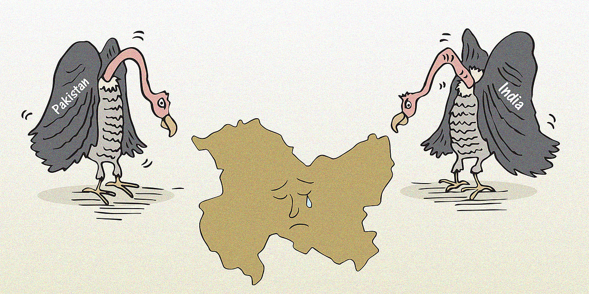 Cartoon of two vultures India and Pakistan looking on as Kashmir cries, drawn to highlight communal hate after the Pahalgam a