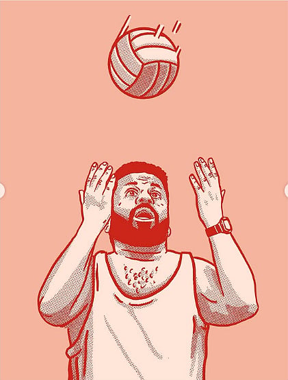 Cartoon of Anura Kumara Dissanayake catching a volleyball based on a photo of him at a May Day rally that he tried to get deleted, only for people to make memes based on the photo