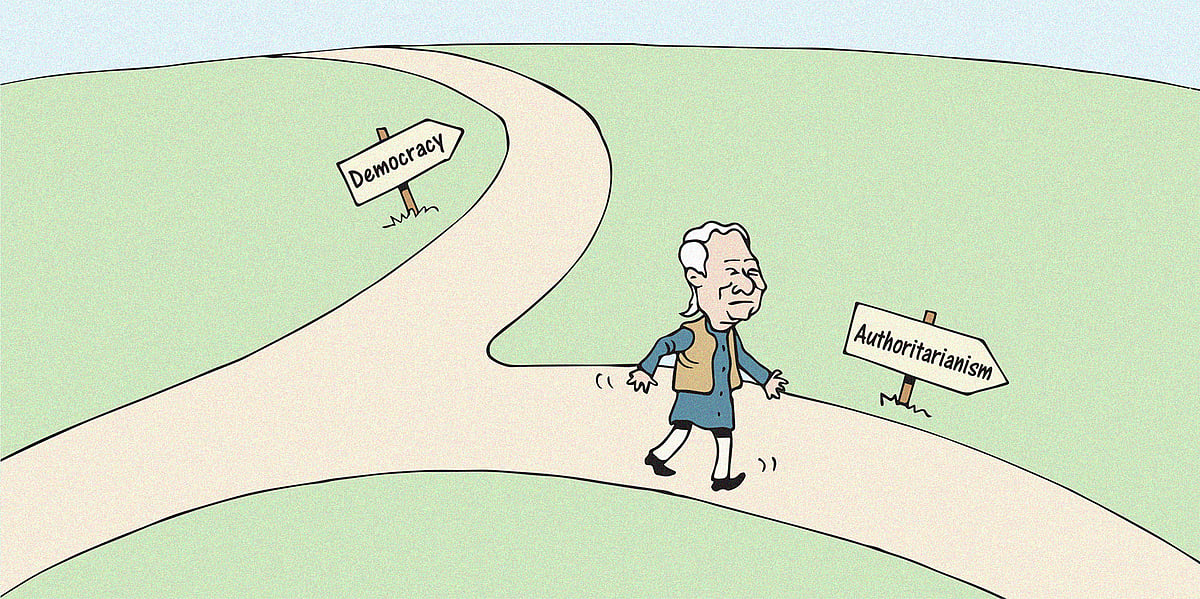 Cartoon of Bangladesh interim government head Muhammad Yunus walking along a path with the sign authoritarianism, with democr
