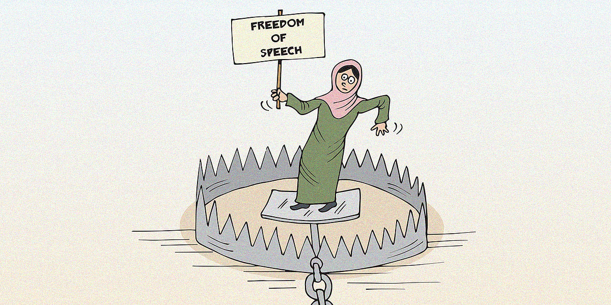  A woman in a hijab stands on a bear trap, holding a 'FREEDOM OF SPEECH' sign, symbolising risks to dissent in India after th