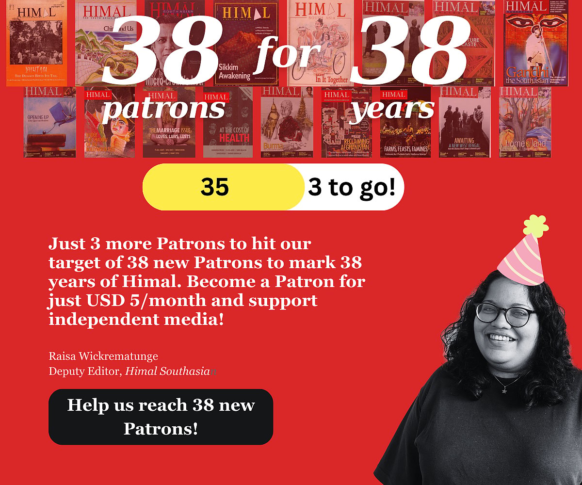 Girl in party hat on a red background. Campaign: 38 years, seeking 38 patrons at USD 5/month. Only 3 more needed! Join us.