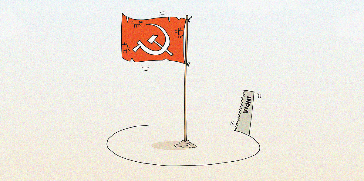 Cartoon of saw labelled 'India' cutting around the Maoist flag symbolising India's brutal crackdown on Maoists.