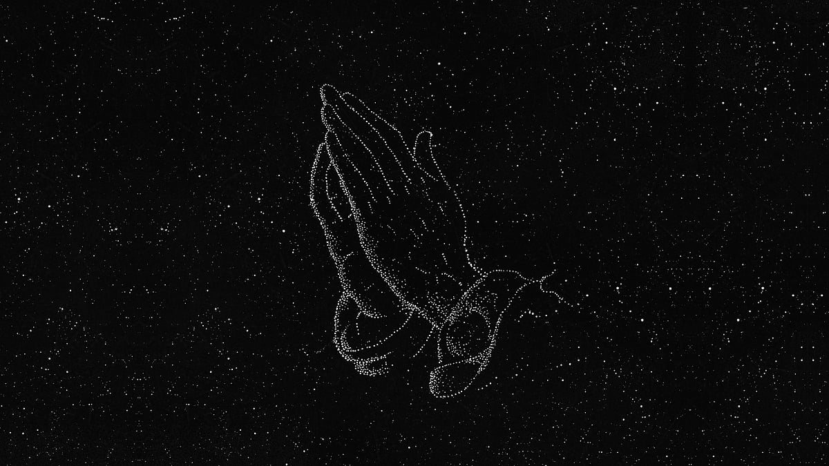 Artwork of a pair of hands in a praying position illustrated with small white dots, resembling a constellation, against a bla