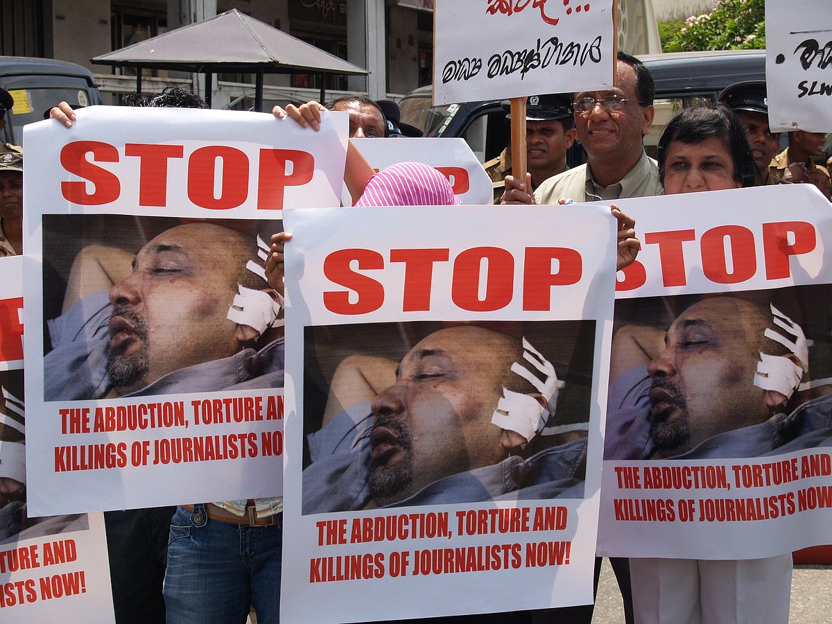A May 2008 protest against the abduction and assault of Sri Lankan journalist Keith Noyahr, in Colombo, Sri Lanka.