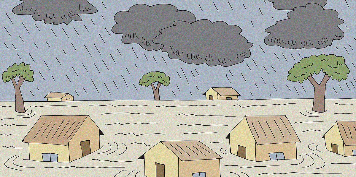 Cartoon showing a flooded landscape with houses and trees as part of a discussion on Southasia's increasingly erratic and intense monsoon season